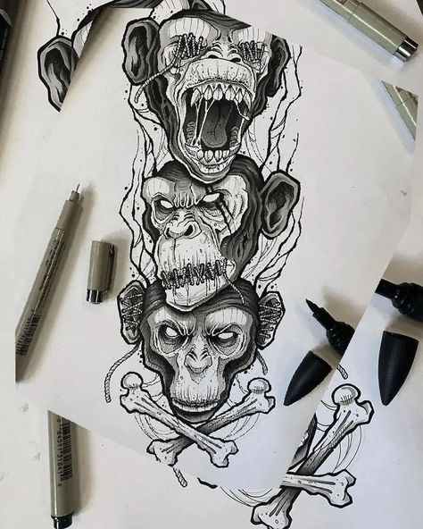 See No Evil Speak No Evil Tattoo Monkeys, Gorilla Back Tattoo, 3 Wise Monkeys Tattoo, Three Wise Monkeys Tattoo, Gorilla Sketch, Tattoo Art Drawings Sketches, Calf Tattoo Ideas, Samurai Tattoo Sleeve, Half Sleeve Tattoo Stencils