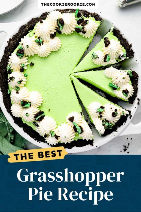 This classic Grasshopper Pie is so easy to make, and the pretty green color is perfect for Easter, St. Patrick's Day, and other celebrations. The combination of creamy mint filling and chocolate Oreo cookie crust is absolutely delicious! Easter Pies, Grasshopper Pie Recipe, Fall Desserts Thanksgiving, Mint Pie, Grasshopper Pie, Mint Oreo, Oreo Cookie Crust, Traditional Easter, The Cookie Rookie