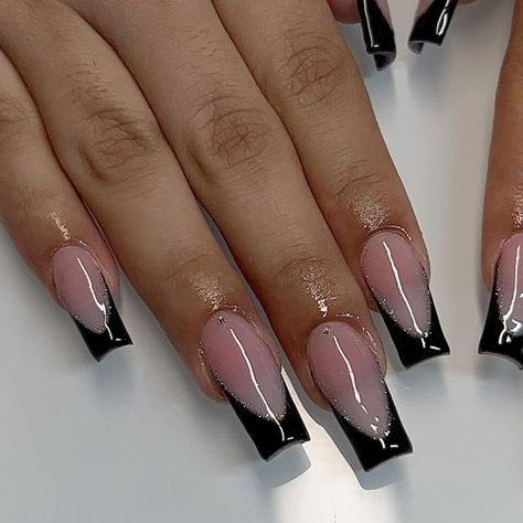 French Tip Ideas Black, Black And Gray French Tip Nails, Black French Top Acrylic Nails, Black French Tip Nails With Glitter, Black Frenchies Nails, Black Nails French Tip, French Tip Nails Black, Cool Nail Ideas, Nail Ideas Black