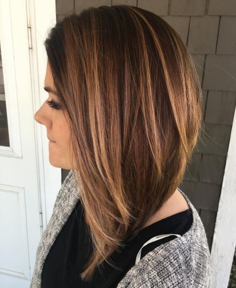 Steeply Angled Lob with Feathered Layers Romantic Wavy Hair, Long Inverted Bob, Melt Balayage, Angled Haircut, Long Angled Bob, Inverted Long Bob, Inverted Bob Haircuts, Angled Bob Hairstyles, Inverted Bob Hairstyles