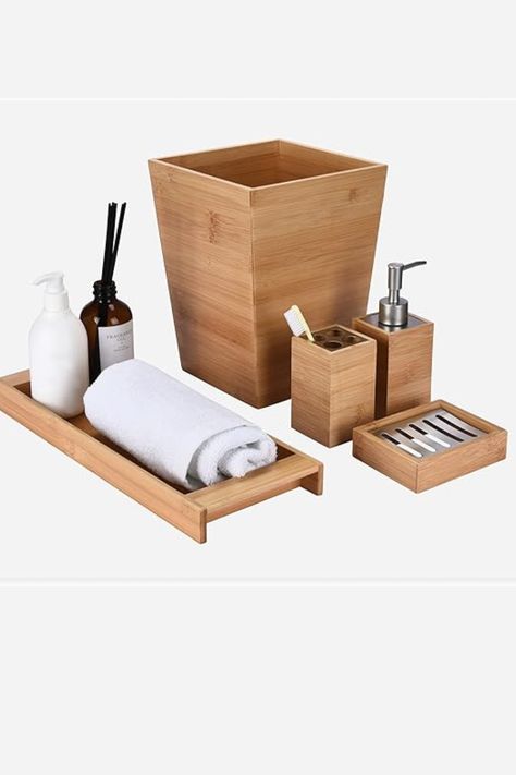 Bamodi bathroom decor set is made of bamboo, one of the most versatile and sustainable materials on the planet. Bamboo wood construction is durable, attractive and environmentally friendly. Our 5-Piece Bamboo bathroom accessories set includes Toiletry Box, Toothbrush Holder, Bamboo Liquid Soap Dispenser, Wooden Towel Tray. Bamboo Bathroom Decor, Bamboo Bathroom Accessories, Unique Bathroom Decor, Chic Bathroom Decor, Towel Tray, Bamboo Bathroom, Liquid Soap Dispenser, Aesthetic Bathroom, Bathroom Themes