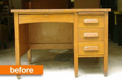 Before & After: Old-School Desk Gets a Makeover — Storywood Designs | Apartment Therapy Desk Organization Student, Desk Organisation Student, Diy Desk Organization, Teacher Desk Organization, Desk Makeover Diy, Desk Redo, Vintage Teacher, Old School Desks, Vanity Diy