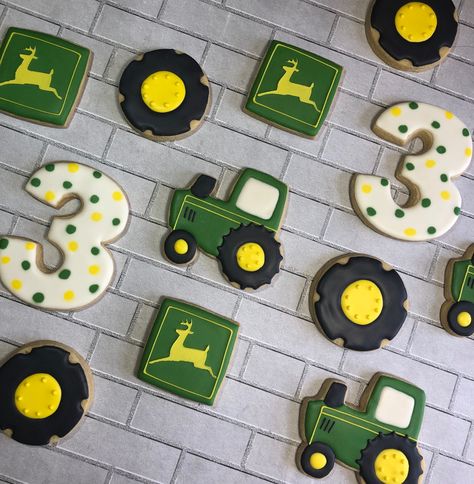 Decorated Tractor Cookies, Tractor Cookies Royal Icing, Tractor Themed Cookies, Tractor Birthday Party Cookies, Tire Cookies Decorated, John Deere 3rd Birthday Party Ideas, Tractor Theme 3rd Birthday Party, Tractor Birthday Cookies, Tractor Sugar Cookies