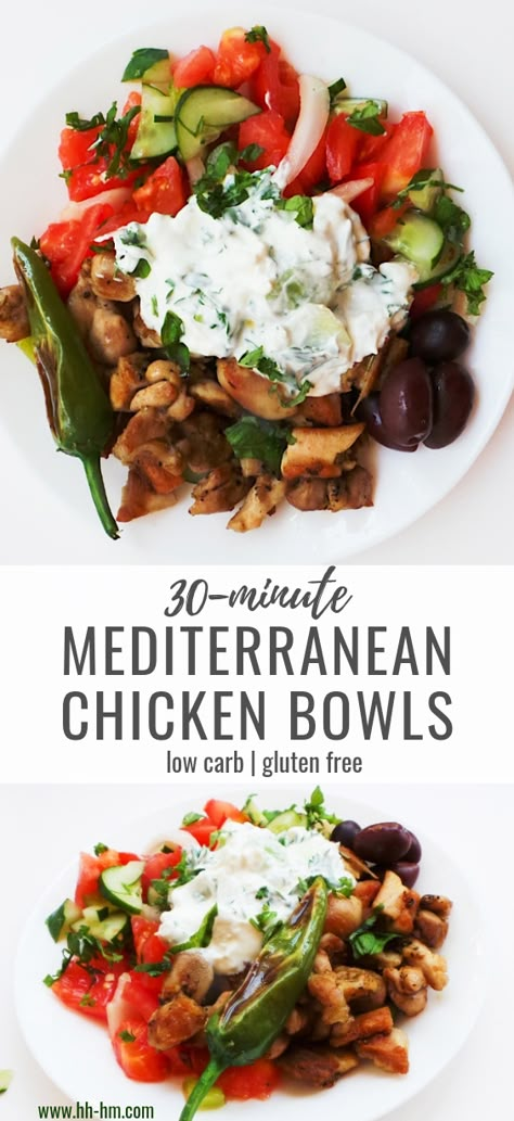 Mediterranean Chicken Bowls - an easy and healthy dinner that comes with a very simple meal prep option. Filled with tzatziki, tomato cucumber salad, olives this delicious chicken recipe is low carb, gluten-free and keto, but if you're not doing a special diet, you can serve this with rice, bread or quinoa. Chicken Bowl Meal Prep, Mediterranean Chicken Bowl, Special Diet Recipes, Simple Meal Prep, Mediterranean Recipes Healthy, Mediterranean Diet Recipes Dinners, Tomato Cucumber Salad, Different Types Of Food, Med Diet