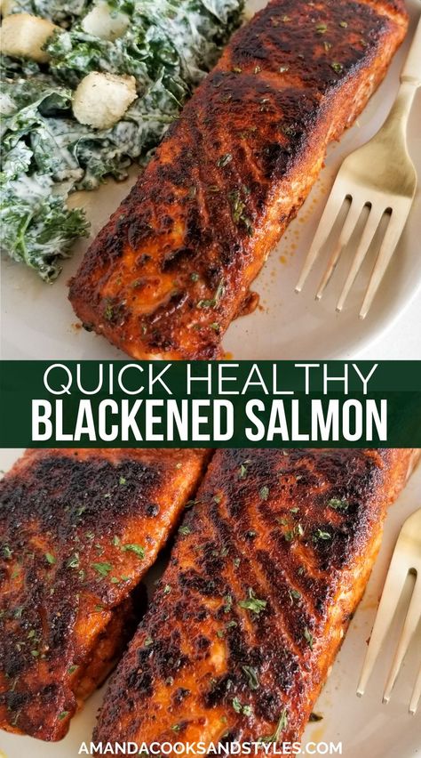 Blackened Salmon Recipe – Flavorful salmon recipe made with a simple homemade blackened seasoning seared hot in a skillet and finished with fresh lemon juice. This salmon recipe is a super easy and healthy meal packed with nutrients. Oven Blackened Salmon, Blackened Salmon Recipes Baked, Baked Blackened Salmon, Homemade Blackened Seasoning, Easy Dinner Side Dishes, Blackened Salmon Recipes, Dinner Side Dish Recipes, Easy Dinner Sides, Blackened Chicken Recipe