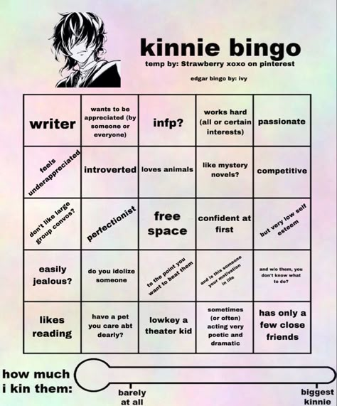 may or may not be inaccurate - i tried my best by researching and putting my own traits as a poe kinnie // bingo temp by Strawberry xoxo Poe Bsd Kinnie, Poe Kinnie Bingo, Bsd Kinnie Bingos, Anime Kinnie, Poe Kinnie, Bsd Kinnie, Bsd Kin, Edgar Allan Poe Bsd, Kin Bingo