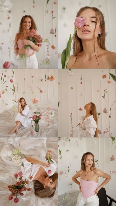 Photo Themes Ideas Photography, Photoshoot Flower Ideas, Birthday Poses With Flowers, Spring Photoshoot Indoor, Flower Themed Photoshoot, Photoshoots With Flowers, Photoshoot Flowers Studio, Flower Birthday Photoshoot, Spring Studio Photoshoot