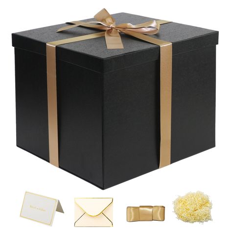 PRICES MAY VARY. 【Gift Box Size Tips Before Buying 】large gift box size is 12x12x10 inch,It contains a large space capacity, Perfect for big things, you can place everything you like into this box,such as cups,T-shirts,chocolate,jewelry,wallets,photos,bridesmaid proposal gifts etc. 【Package Contains】1*Black gift box,1*Gift Card&Envelopes,30g Shredded Paper Filler,110inch Luxury Ribbon.For the first time use,please fold and use in accordance with the assembly steps.Please check the size whether i Gift Box Ideas For Men, Gift Card Envelopes, Chocolate Jewelry, Presents Birthday, Present Box, 50th Bday, Gift Card Envelope, Gift Boxes With Lids, Large Gift Boxes