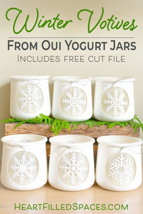 DIY Christmas votives you can leave up all winter. Upcycle those Oui yogurt jars and add some warmth and charm to your home this winter. I've included step by step instructions with free printables and cut files. #votives #diy #jar #wintercrafts #homedecorcrafts #glassjars #silhouette #freecutfiles Votives Diy, Oui Jars, Oui Yogurt, Yogurt Jars, Christmas Votives, Diy Snowflake, Crafts With Glass Jars, Diy Jar, Snowflake Craft