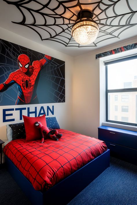 spider man themed bedroom Miles Morales Bedroom Ideas, Room Ideas Spiderman, Boy Bedroom Ideas Kids, Spider-man Room, Spider Man Bedroom Ideas, Marvel Bedroom Ideas, Avengers Themed Bedroom, Spiderman Room Ideas, Avengers Themed Room