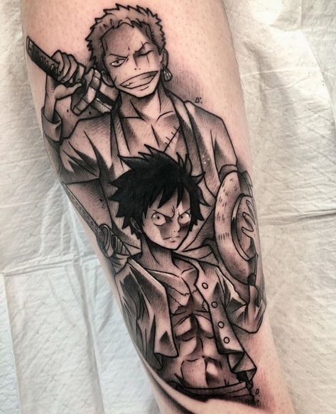 Zoro And Luffy Tattoo Ideas, Anime Tattoos For Men Leg, Best Leg Tattoo Men Design, Sanji Tattoo Design, Anime Leg Sleeve Tattoo, Anime Leg Tattoo, Zoro One Piece Tattoo, Luffy Tattoo Ideas, Zoro Tattoo