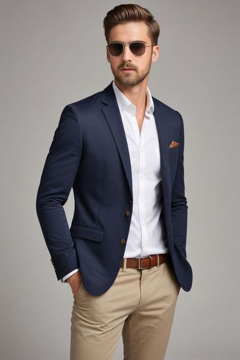 Navy Blazer With Khaki Pants Mens, Men Blazer Outfit Formal, Summer Blazer Outfits Men, Formal Blazer Outfits Men, Navy Blazer Outfits Men, Navy Blue Blazer Outfit Mens, Swim Wedding, Blue Dress Pants Outfit, Blazer Hombre Casual