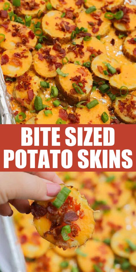 Appetizers Potato, Potato Skin Bites, Potato Skins Appetizer, Party Snacks Easy Appetizers, Party Food Easy Appetizers, Potatoe Skins Recipe, Potato Appetizers, Party Snacks Easy, Bite Size Appetizers