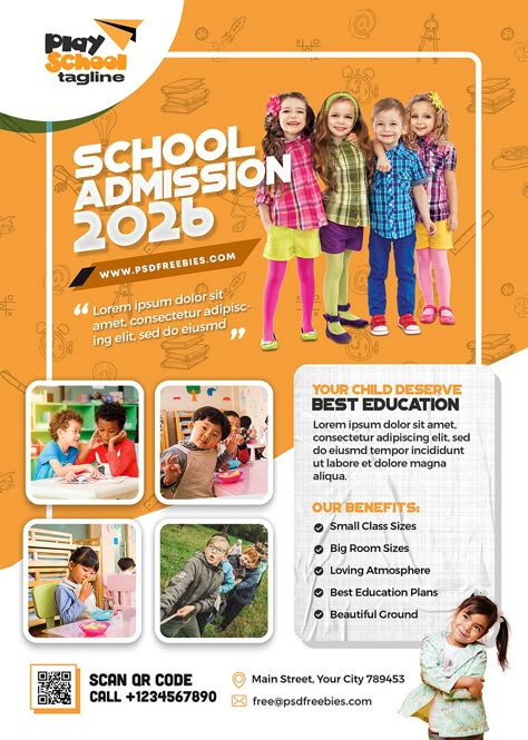 Feel free to download our Free Kids School Education Admission Flyer PSD Template! This template is designed to promote school admission year announcements and advertise various facilities, activities, classes, and learning programs at a junior or senior school. It's the perfect tool to showcase what your school has to offer. School Facilities, Advertising Layout, School Layout, Advertisement Layout, Education Flyer, School Advertising, Back To School Banner, Admissions Poster, Education Poster Design