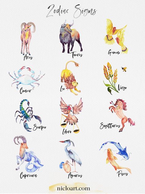 Hand painted watercolor astrology signs. Order single sign prints or custom natal birth charts for yourself or as a gift. #astrology #personalizedgift Astrology Signs Art, Zodiac Sign Painting Ideas, Astrological Paintings, Horoscope Painting, Birth Chart Painting, Zodiac Signs Art, Zodiac Watercolor Tattoo, Watercolor Zodiac, Astrology Watercolor