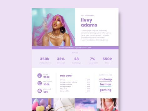 Tiktok media kit template. One page influencer press kit with rate sheet for Instagram or twitch influencer. Editable Canva for social media https://etsy.me/3yszgOP #purple #pink #influenceroutreach #mediaoutreachp Press Kit Design, Tiktok Business, Press Kit Template, Media Kit Design, Rate Card, Instagram Photoshop, Tiktok Influencer, Buyer Persona, Social Media Stats