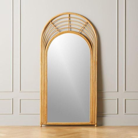 Arched Natural Rattan Floor Mirror Leaning Floor Mirror, Wall Arch, Modern Floor Mirrors, Round Wood Side Table, Showroom Decor, Handmade Mirrors, Rattan Mirror, Wood Floor Lamp, Modern Mirror