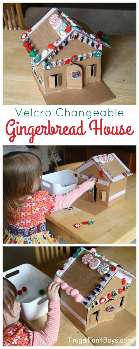 Decorate (and Redecorate) this Adorable Velcro Gingerbread House! Fun Christmas activity for preschoolers. Cardboard Gingerbread, Cardboard Gingerbread House, Preschool Christmas Activities, Activity For Preschoolers, Fun Christmas Activities, Christmas Activities For Kids, Christmas School, Preschool Christmas, 12 December