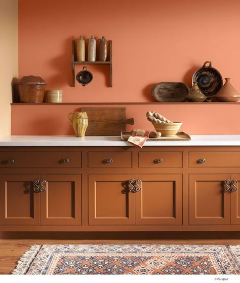 Colors That Go With Orange-Orange Color Combinations | Homesthetics - Inspiring ideas for your home. Kitchen Wall Paint Colors, Burnt Orange Kitchen, Orange Kitchen Walls, Kitchen Wall Paint, Orange Kitchen Decor, Paint For Kitchen Walls, Brown Cabinets, Orange Kitchen, Kitchen Colour Schemes