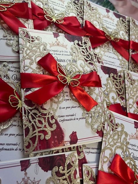 Red and gold laser cut Invitations for Quinceañeras sweet 16s or more | Rosemarie Invites Red Gold Decor, Red Gold Wedding, Popular Wedding Invitations, Red Quince, Quince Invitations, Fun Wedding Decor, Quince Decorations, Rustic Wedding Decorations, Quinceanera Decorations