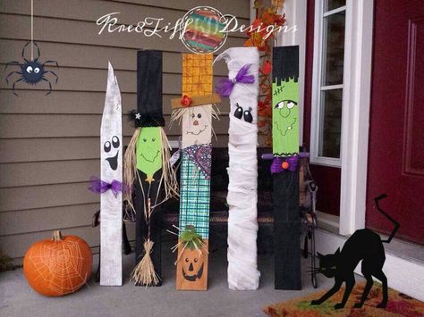 Halloween Pallet Monsters For more craft ideas, check out my facebook page at www.facebook.com/Kre8TiffDesigns Fence Post Halloween Decorations, Halloween Pallet Ideas, Halloween Pallet Projects, Fence Post Crafts, Halloween Booth, Post Crafts, Halloween Pallet, Halloween Fence, Halloween Classroom Decorations