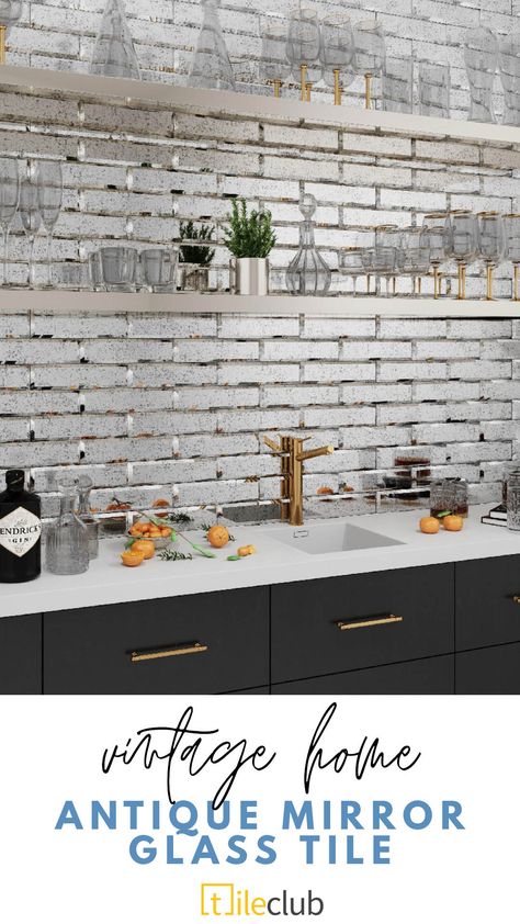 Home bar with antique mirror glass subway tile backsplash Antique Glass Mirror, Mirrored Subway Tile, Glass Mirror Tiles, Subway Tile Design, Tile Accent Wall, Mirrored Tile, Beautiful Backsplash, Antique Mirror Glass, Glass Tile Backsplash