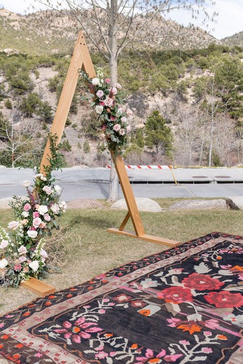 April I Do's at the Surf Chateau Hotel | Rocky Mountain Bride Diy Small Wedding Decorations, A Frame Wedding Arch, Triangle Arbor Wedding, Triangle Wedding Arbor, Wedding Hacks Budget, Wedding Alters, Wedding Arbour, Arch Flowers, Wedding Event Decor