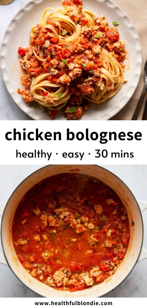 This hearty and comforting chicken bolognese recipe is perfect for an easy weeknight dinner. Made with lean ground chicken, carrots, diced tomatoes, and fresh basil, this is the best healthy 30-minute pasta sauce! Chicken Bolognese Sauce, Chicken Bolognese, Butternut Squash Pasta Sauce, Chicken Carrots, Gluten Free Spaghetti, Chicken With Italian Seasoning, Baked Spaghetti Squash, Ground Chicken Recipes, Bolognese Recipe