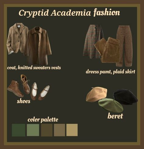 Acedemia Outfits, Academia Outfits Summer, Cryptid Academia, Academia Outfits Aesthetic, Cryptid Core, Cryptidcore Aesthetic, Chaotic Academia Aesthetic, Types Of Clothing, Green Academia