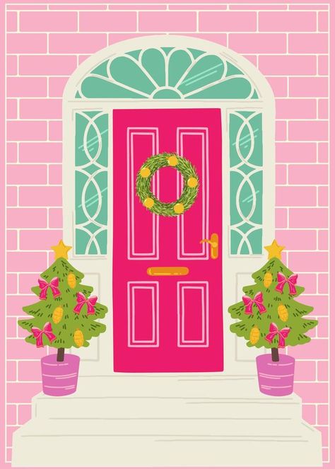 Pink Christmas house door decorated with a spruce wreath with balls. Entrance to the house with Christmas trees with pears and bows. Vector artistic illustration for postcards, banners and print. Christmas Front Door Illustration, Christmas Door Watercolor, Christmas Door Drawing, Christmas Door Illustration, Pink Christmas House, Spruce Wreath, Entrance To The House, Christmas Doors, Artistic Illustration