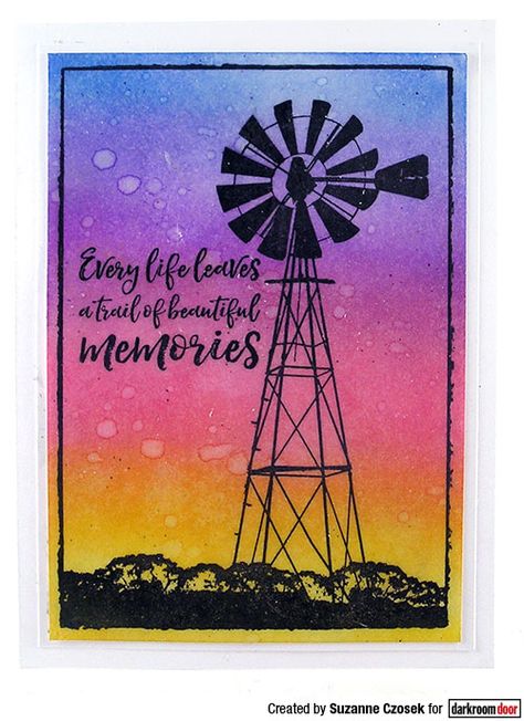 Distress Oxide Inks with Darkroom Door Country Windmill Photo Stamp and Sympathy Sentiments Stamp. Card by Suzz Czosek 90th Birthday Wishes, Windmill Cards, Sympathy Sentiments, Tractor Cards, Painting Rusty Metal, Distress Backgrounds For Cardmaking, Rainbow Backgrounds, Simon Says Stamp Sunflower Fields, Simon Says Stamp Sunrise Stem