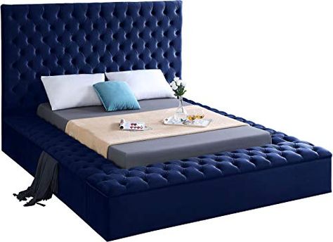 Meridian Furniture Bliss Collection Modern | Contemporary Velvet Upholstered Bed with Deep Button Tufting and Storage Compartments in Rails and Footboard, Full, Navy Black Velvet Bed, Grey Velvet Bed, Velvet Upholstered Bed, Queen Panel Beds, Velvet Bed, Modern Bedroom Furniture, Meridian Furniture, Teen Bedding, Contemporary Bed