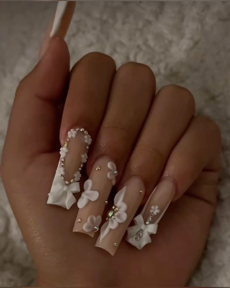 Quince Nails, Quinceanera Nails, Long Acrylic Nail Designs, White Acrylic Nails, Girly Acrylic Nails, Her Nails, Pretty Gel Nails, Hair Done, Acrylic Nails Coffin Pink