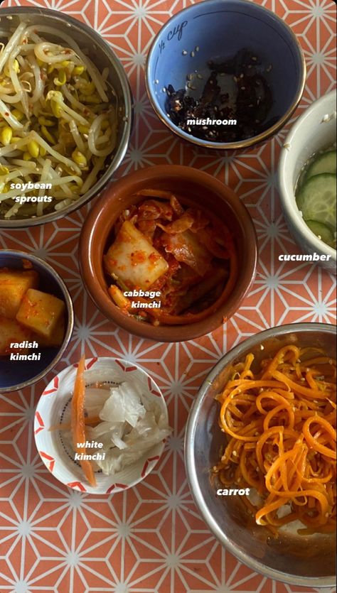 Korean Banchan Aesthetic, Healthy Korean Side Dishes, Carrot Banchan, Korean Mushroom Side Dish, Banchan Korean Side Dishes, Korean Banchan, Korean Banchan Recipes, Banchan Recipes Side Dishes, Korean Diet Meal Plan