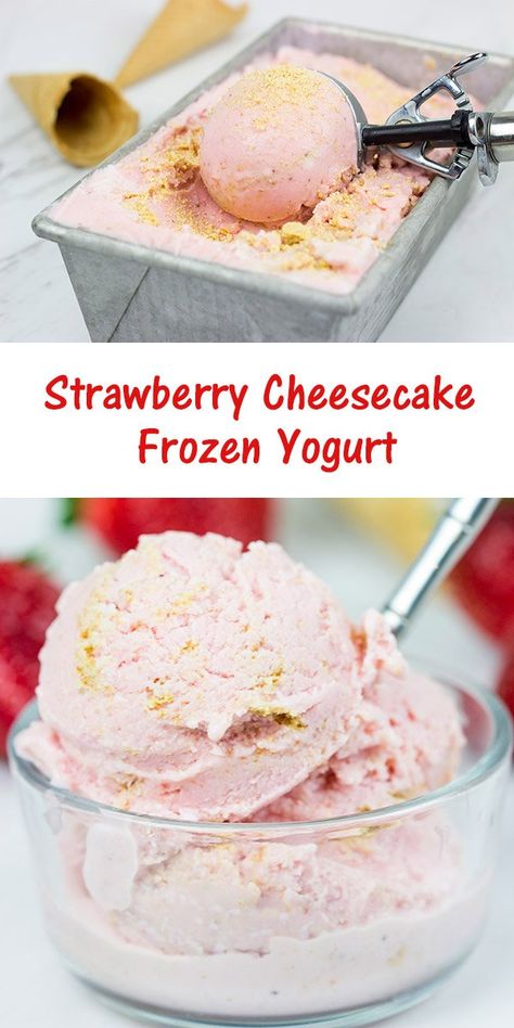 Strawberry Cheesecake Frozen Yogurt | Healthy frozen treat for summer! Homemade Frozen Yogurt, Frozen Yogurt Recipes, Yogurt Ice Cream, Healthy Yogurt, Homemade Ice Cream Recipes, Frozen Yoghurt, Ice Cream Popsicles, Yogurt Recipes, Frozen Treat