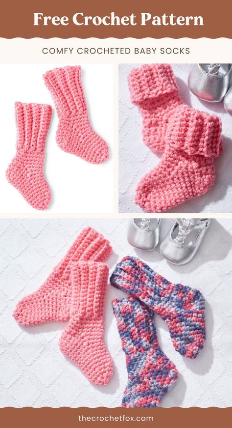 Keep your little one's toes toasty by making multiple pairs of these simply comfy crochet baby socks. If you are looking for things to crochet for charity or for a last-minute DIY crochet baby shower gift, this beginner crochet pattern is for you.| More free crochet patterns at thecrochetfox.com Crocheted Baby Socks, Crochet Toddler Socks Free Pattern, Free Crochet Pattern Socks, Baby Socks Crochet Pattern Free, Baby Sock Crochet Pattern Free, Free Crochet Baby Booties Pattern, Crochet Baby Socks Free Pattern, Baby Booties Crochet Pattern Free, Crochet Booties Free Pattern