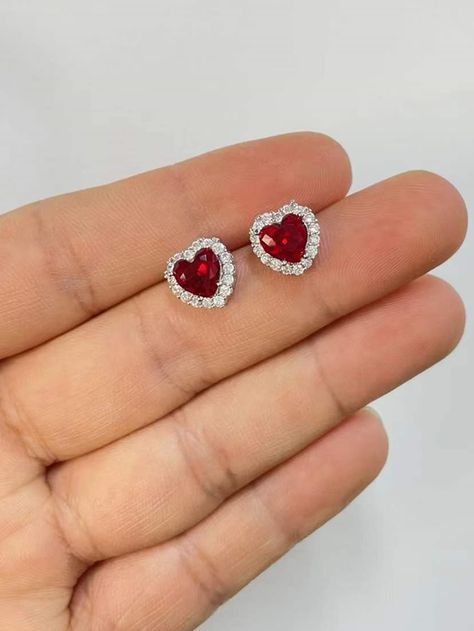 Red Glamorous   Copper  Stud Embellished   Jewelry Cute Red Heart Earrings, Red Stud Earrings, Red Earrings Stud, Pandora Earrings, Diamond Accessories, Red Heart Earrings, Embellished Fashion, Red Studs, Earrings Aesthetic