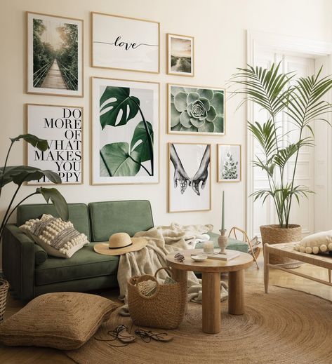 Tropical Gallery Wall, Double Bed Designs, Gallery Wall Inspiration, Bed Design Modern, Poster Store, Living Room Scandinavian, Living Room Green, Decoration Inspiration, Inspiration Wall