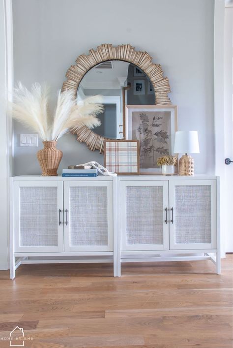 Coastal Home Entryway, Coastal Buffet Styling, Serena And Lily Entryway, Hamptons Foyer, Coastal Foyer Entryway, Coastal Entry Table, Front Foyer Ideas Entryway, Fall Console Table Decor, Coastal Fall Decor Ideas