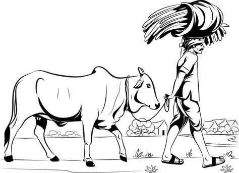 Indian farmer walking with Cow Agriculture Projects Ideas, Indian Farmer Drawing, Farmer Drawing Easy, Farmers Drawing, Farmer Drawing, Singh Wallpapers, School Reference, Bull Images, Agriculture Projects