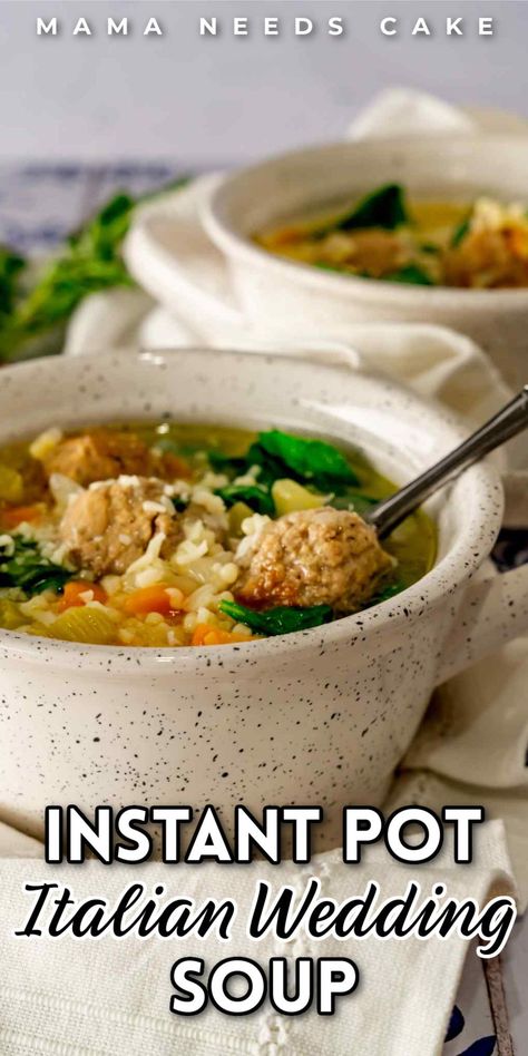 This Instant Pot Italian Wedding Soup is a delicious dish consisting of acini de pepe, chopped vegetables, and meatballs. This soup makes an easy meal and is ready to eat in thirty minutes! It's also bursting with flavor and is good for you! Check out this healthy meal idea and find a new family favorite soup! Wedding Soup Instant Pot, Instant Pot Italian Wedding Soup, Instant Pot Italian, Chopped Vegetables, Crockpot Stew, Wedding Soup, Instant Pot Soup, Soup And Stew, Vegetarian Soup