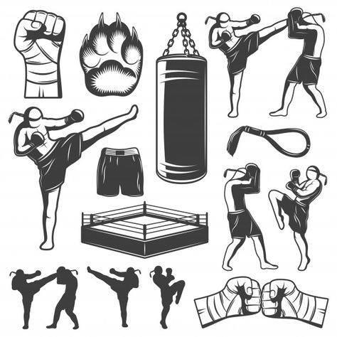 Elementos monocromáticos de muay thai | Free Vector #Freepik #freevector #esporte #vetor #grafico #jogo Thai Tattoo Meaning, Boxer Tattoo, Muay Thai Tattoo, Boxing Tattoos, Muay Thai Martial Arts, Boxe Thai, Traditional Martial Arts, Thai Tattoo, Traditional Culture