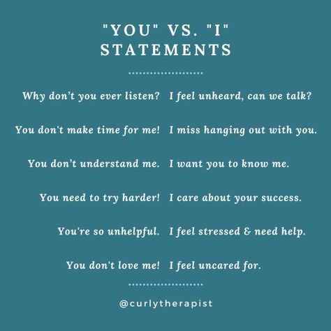 Changing your words will change your relationship. "You-statements" show no ownership of emotions but rather blame, accuse and assume the receiver. "You-statements" make your partner feel defensive and resentful. An "I-statememts" on the other hand, is to express how you feel inside, "I-statements" reduce hostility and defensiveness. When using "I-statements" you take responsibility for the part you played in the disagreement and display the openness for deep listening and resolution. I Statements, Deep Listening, Relationship Lessons, Relationship Therapy, Healthy Communication, Relationship Advice Quotes, Relationship Psychology, I Am Statements, Healthy Relationship Tips