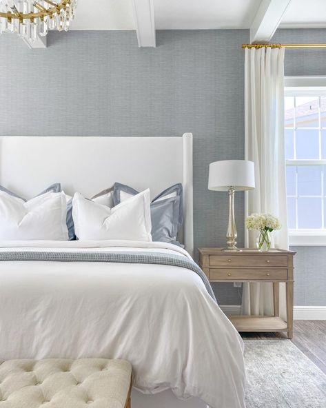 My Bedroom Makeover Sources Hamptons Bedroom Master Suite, Hamptons Bedrooms, Hampton Bedroom Ideas, Hampton Bedroom, Sherwin Williams Accessible Beige, Wallpaper Feature Wall, Bedroom Wallpaper Accent Wall, Hamptons Bedroom, Hamptons Style Decor