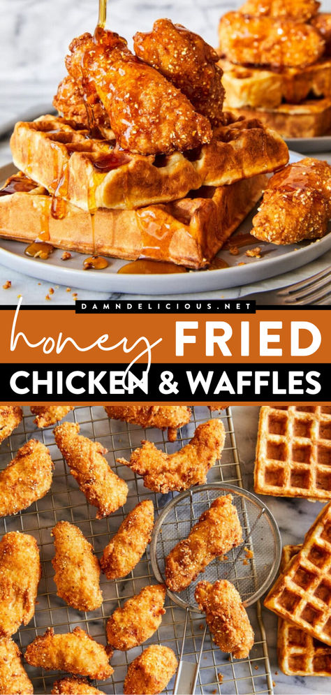 Looking for more back-to-school food? Here's an easy school breakfast idea! Drizzled in a warm honey glaze, these fried chicken and waffles are everything you want and more. Pin this for later! Chicken And Waffles Recipe Easy, Honey Fried Chicken, Easy Waffle Recipe, Buttermilk Waffles, Chicken Waffles, Fried Chicken And Waffles, Waffle Recipe, Breakfast Waffles, Crispy Fried Chicken