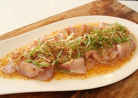 Kingfish Sashimi recipe - The Cooks Pantry - Matt Sinclair Kingfish Sashimi Recipe, Sashimi Sauce Recipe, Kingfish Recipes, Kingfish Carpaccio, Kingfish Crudo, Kingfish Recipe, Kingfish Ceviche, Sashimi Sauce, Kingfish Sashimi