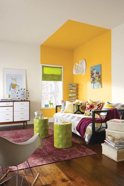 These Are the 12 Best Yellow Paint Colors For a Big Pop of Color Marigold Accent Wall, Yellow Wall Room, Yellow Feature Wall, Yellow Painted Rooms, Yellow Accent Wall, Yellow Paint Colors, Yellow Room, Yellow Walls, Yellow Painting