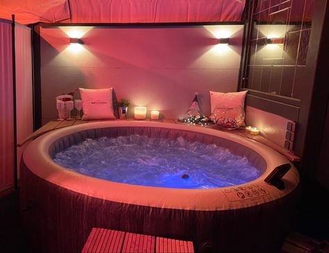 Hot Tub Tent Ideas, Indoor Inflatable Hot Tub Room Ideas, Inflatable Hot Tub Set Up, Indoor Hot Tub Room Ideas Basements, Winter Sunroom, Porch Oasis, Deck Oasis, Deck Extension, Hot Tub Pergola