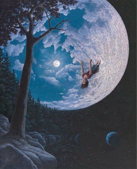 Girl swinging on a swing & the moon surreal art Robert Gonsalves, Rob Gonsalves, Charcoal Drawings, Colossal Art, Magic Realism, Rene Magritte, Surrealism Painting, Illusion Art, Art Et Illustration