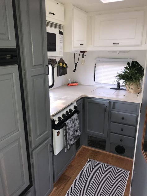 Grey Caravan Interior, Renovate Camper, Sherwin Williams Paint Neutral, Caravan Interior Makeover, Boho Camper, Interior Makeover, Mini Homes, Glamper Camper, Rv Interior Remodel